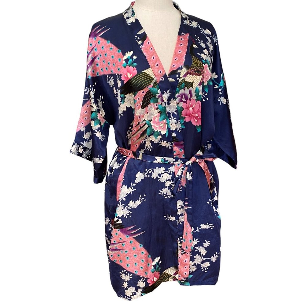 Peacock & Cherry Blossom Asian Inspired Silky Kimono Robe Navy Tik Tok Mini-M/L